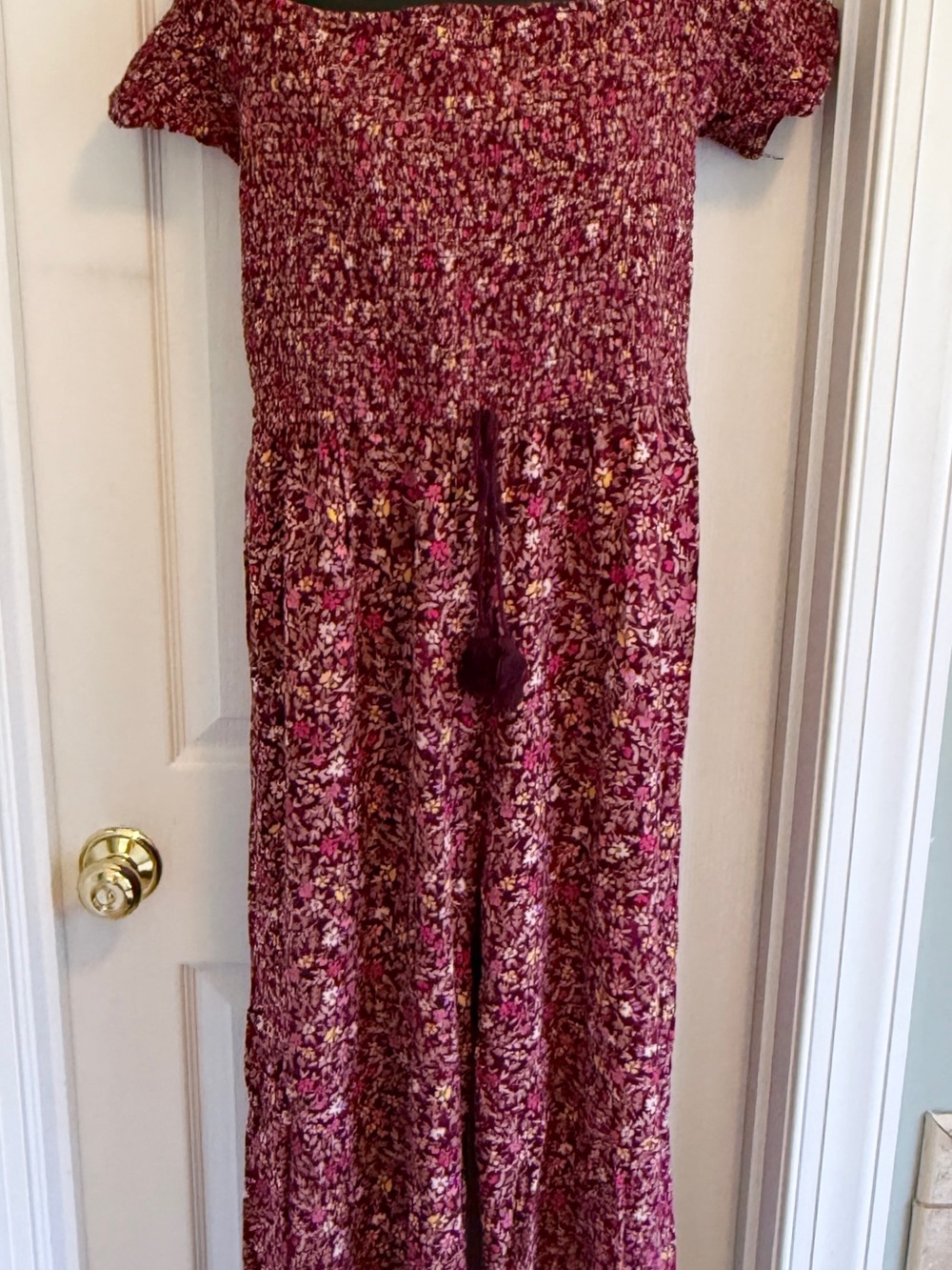 Xhilaration Women’s Off-Shoulder Floral Jumpsuit in Burgundy